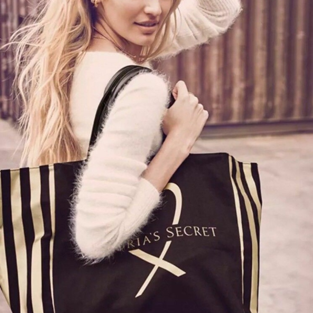 VS Signature Heart Gold Striped Tote NIP